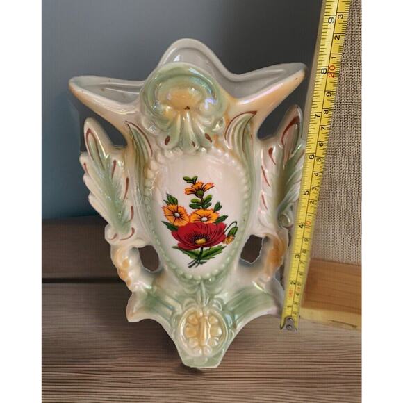 Lusterware Footed Vase 1749 Pearlescent Made in Brazil 8” Tall Vintage Flowers - Picture 4 of 10